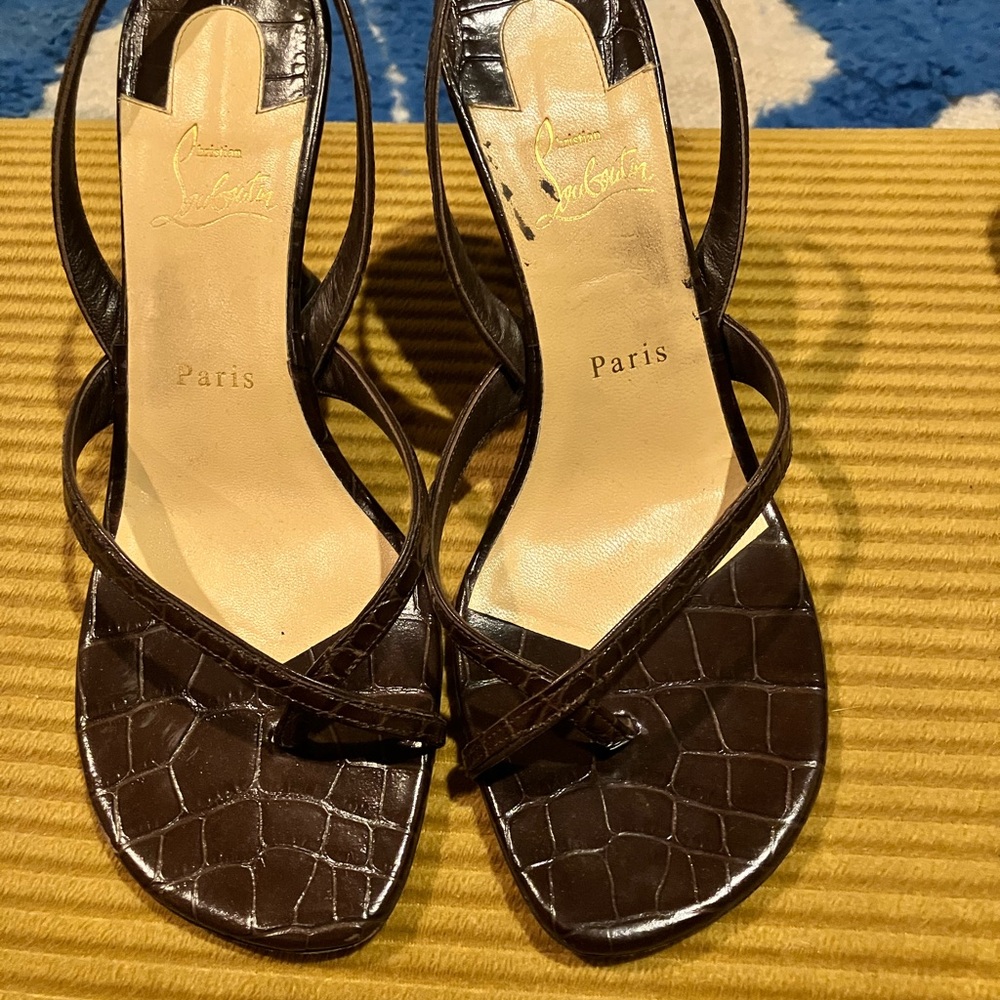 Christian Louboutin Dark Brown Croc-Embossed Strappy Sandals